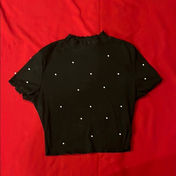 SHEIN Tops - SHEIN Black Embellished Crop Top with Mandarin Collar and pearls